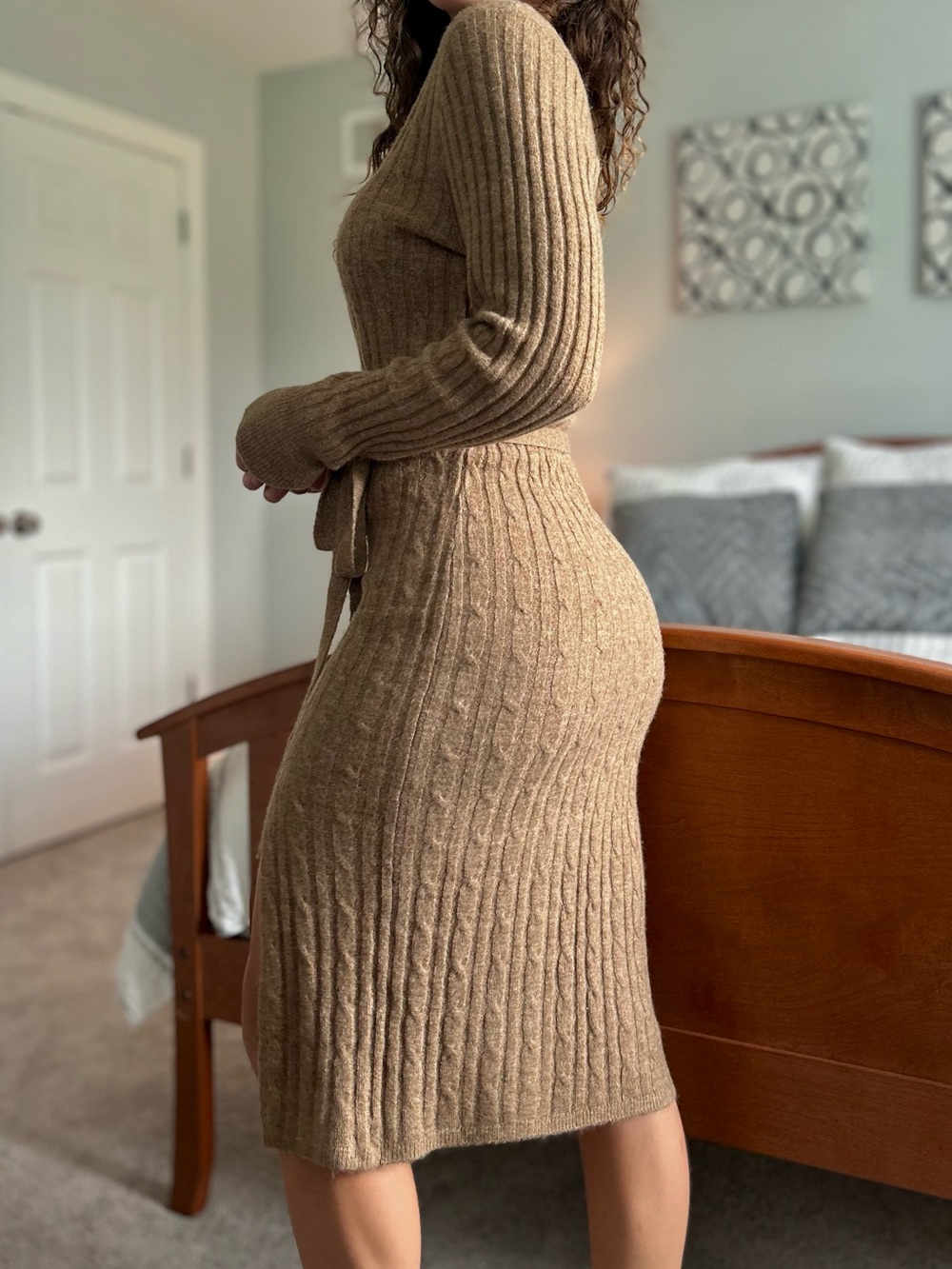 Abercrombie & Fitch Camel Ribbed Tie-Waist Midi Dress